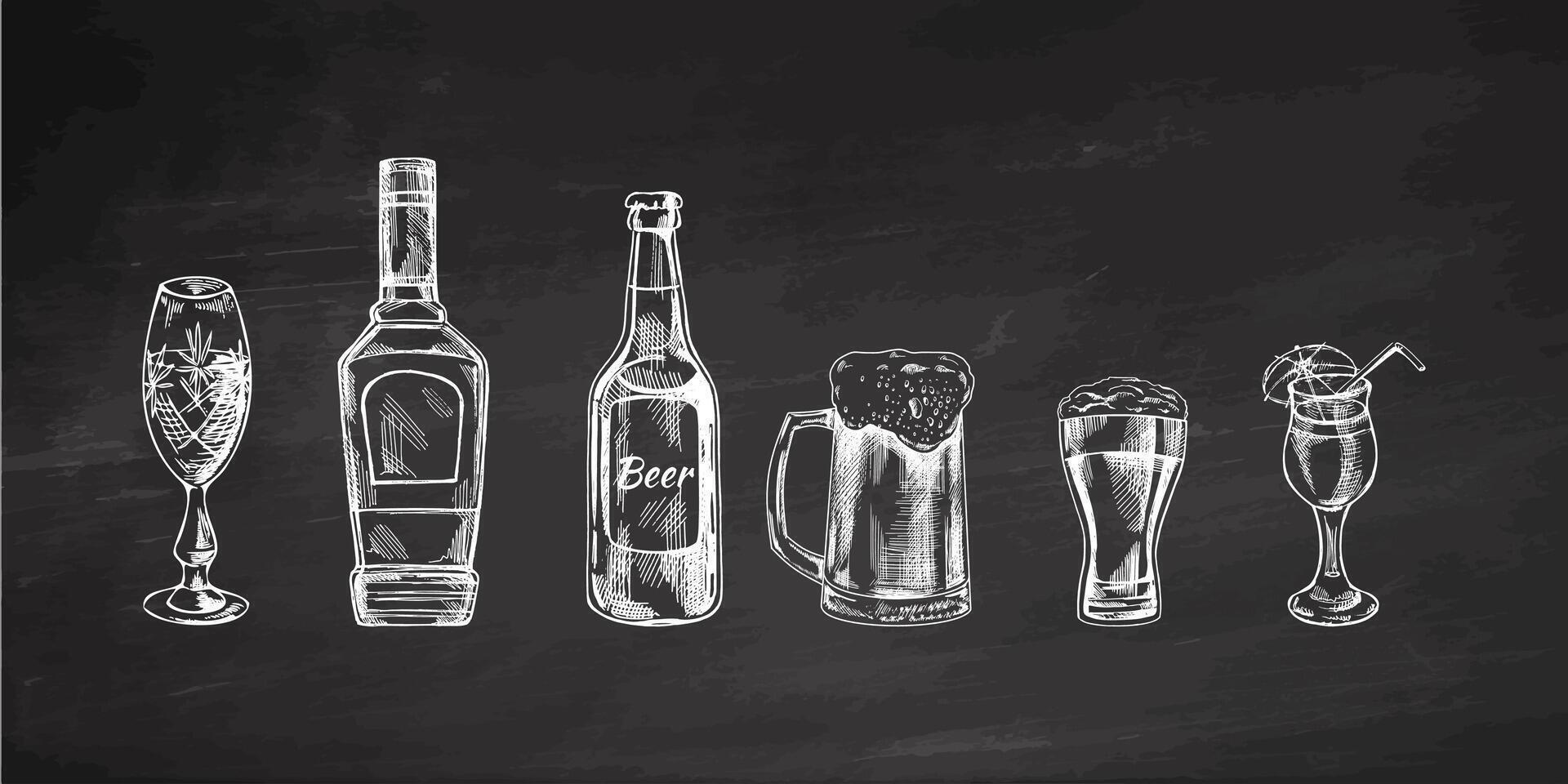 ein einstellen von handgemalt Skizzen von Alkohol Getränke auf Tafel Hintergrund. Vektor Illustration im Jahrgang Stil. Getränke. gut zum das Speisekarte.