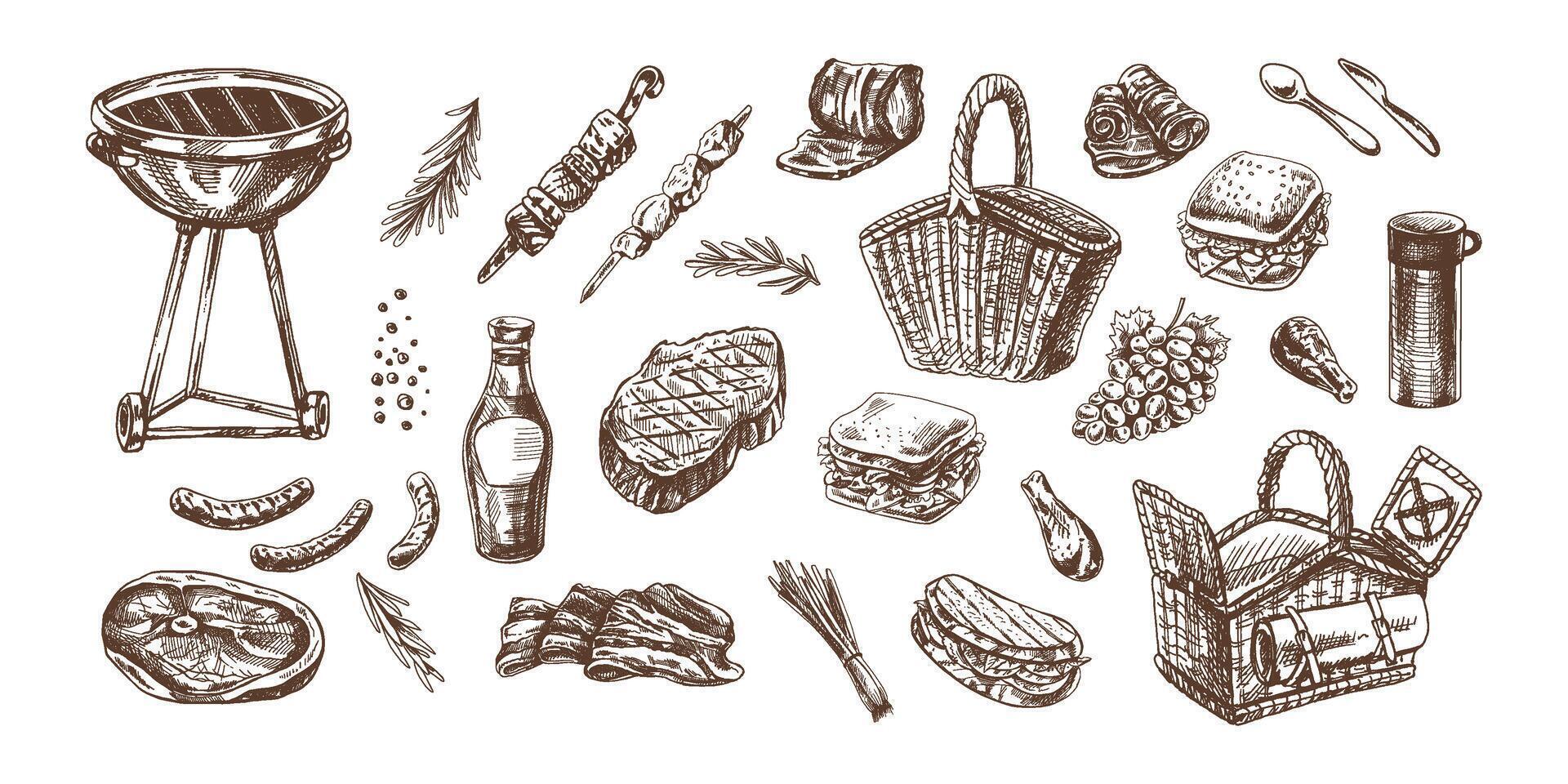 uppsättning av ritad för hand skisser av utegrill och picknick element. för de design av de meny av restauranger och kaféer, grillad mat. klotter årgång illustration. graverat bild. vektor