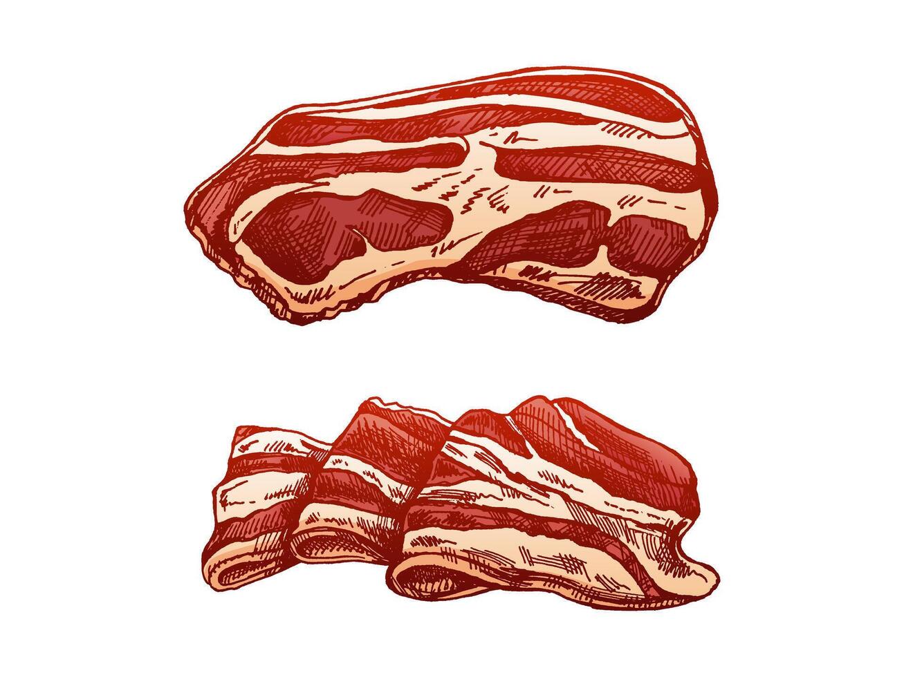 handgemalt farbig Vektor skizzieren einstellen von Speck, hamon oder Schweinefleisch Fleisch, Schinken Scheiben. Italienisch Prosciutto Jahrgang skizzieren. Metzger Geschäft. großartig zum Etikett, Restaurant Speisekarte. graviert Bild.