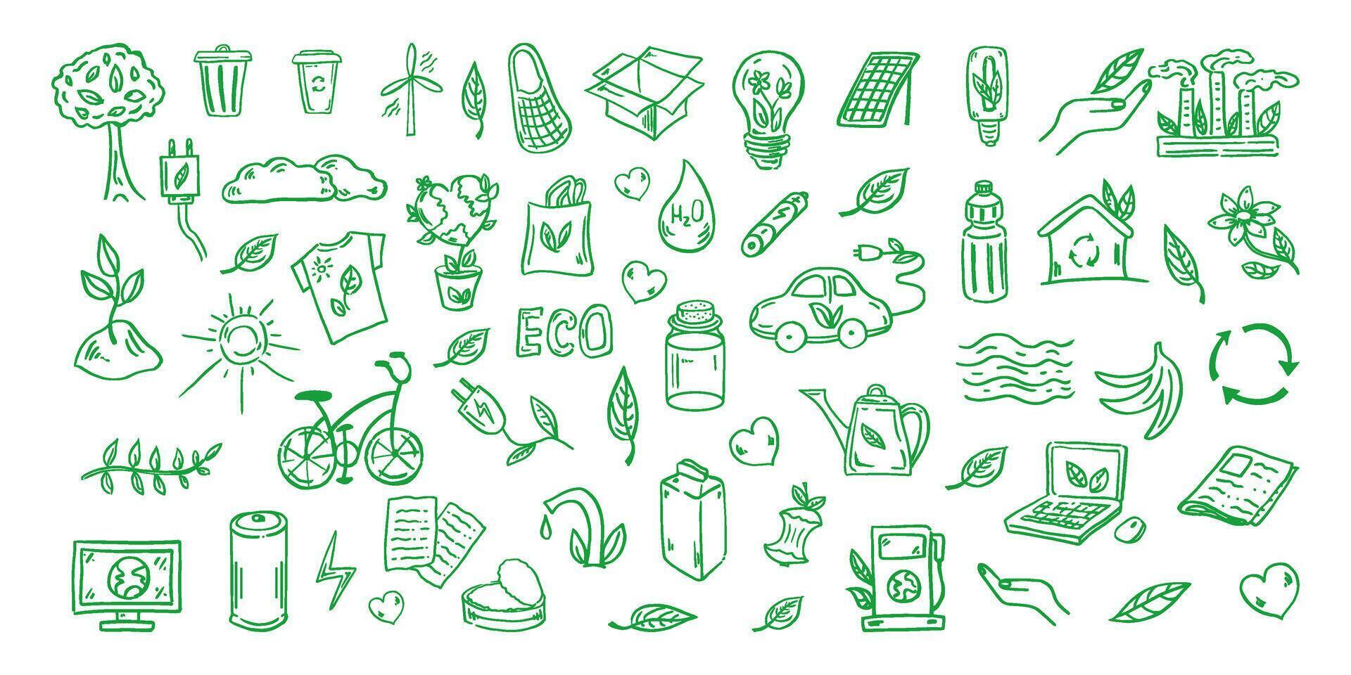 einstellen von Ökologie. handgemalt Gekritzel Vektor Illustration. Ökologie Problem, Recycling und Grün Energie Symbole. Umwelt Symbole.