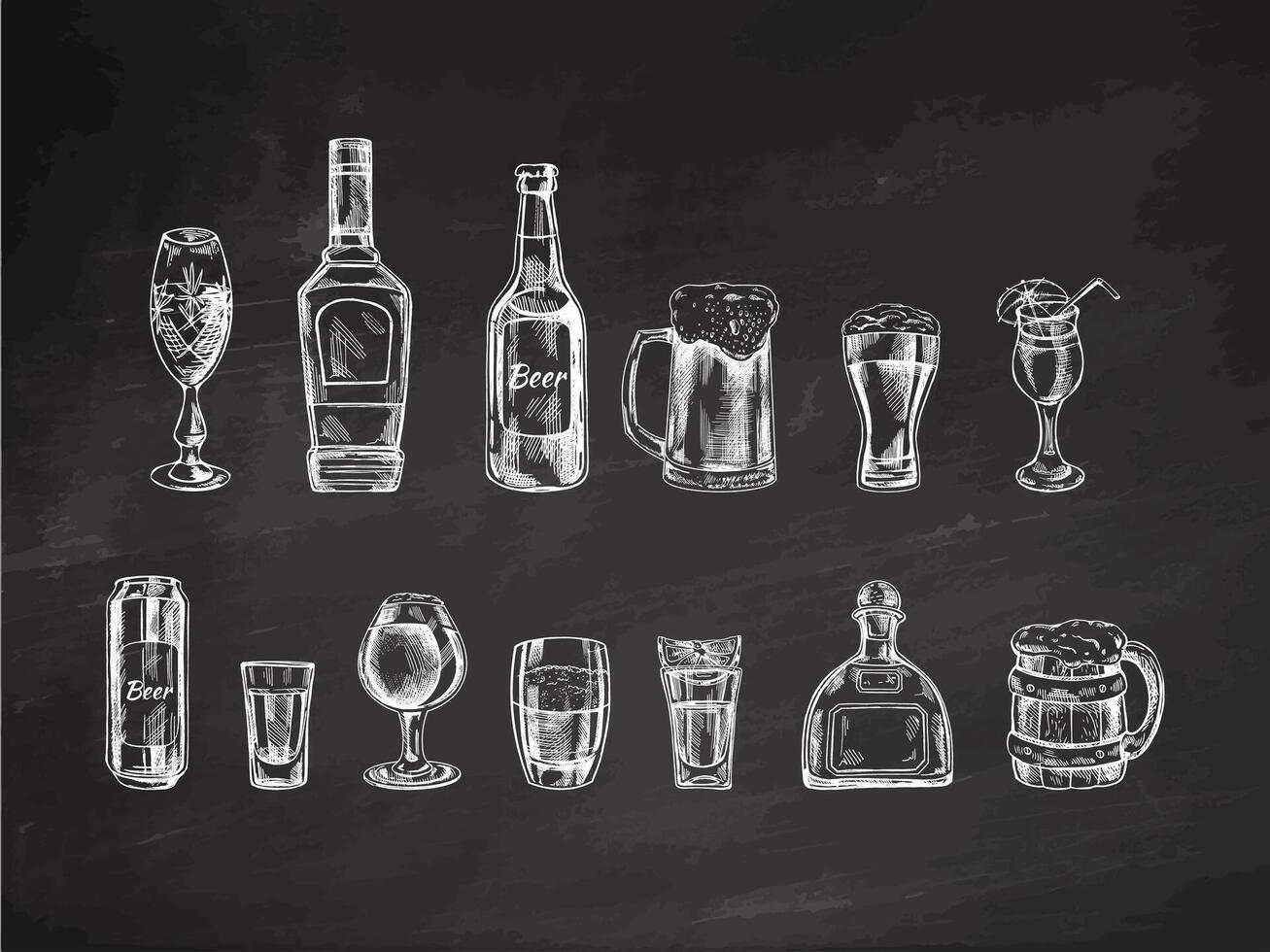 en uppsättning av ritad för hand skisser av alkohol drycker på svarta tavlan bakgrund. vektor illustration i årgång stil. drycker. Bra för de meny.