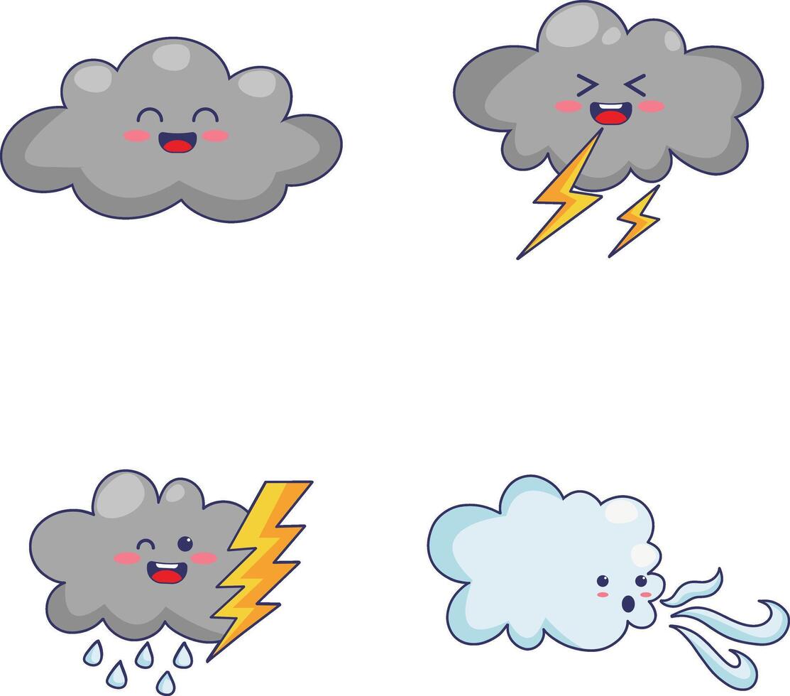 kawaii Wetter Charakter Satz. isoliert auf Weiß Hintergrund. süß Karikatur Vektor Illustration.