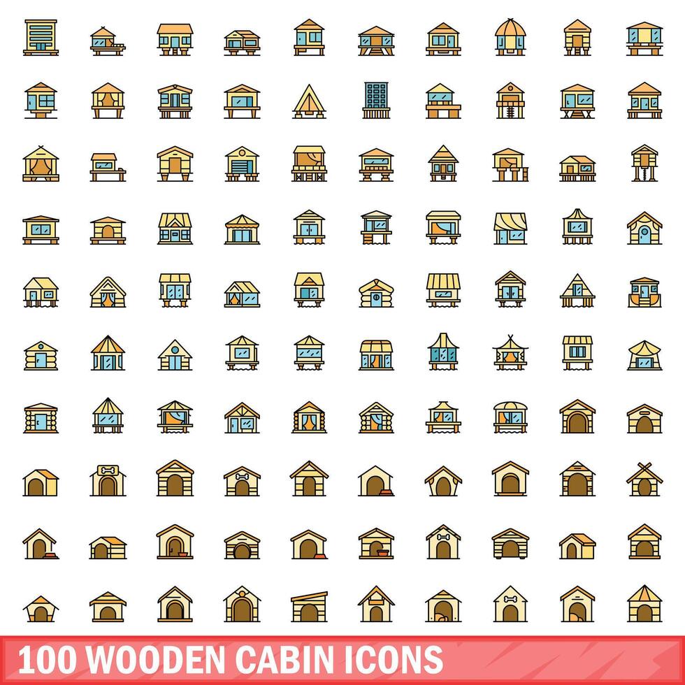 100 trä- stuga ikoner uppsättning, Färg linje stil vektor