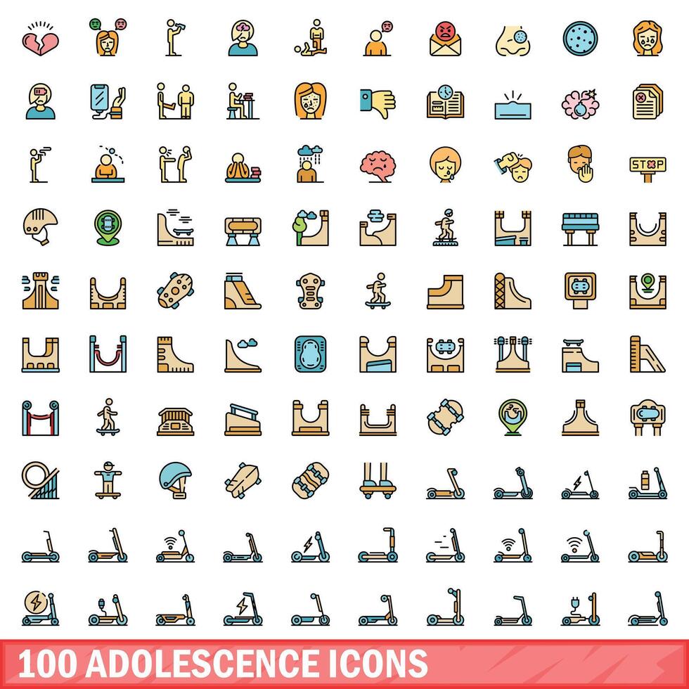 100 ungdom ikoner uppsättning, Färg linje stil vektor