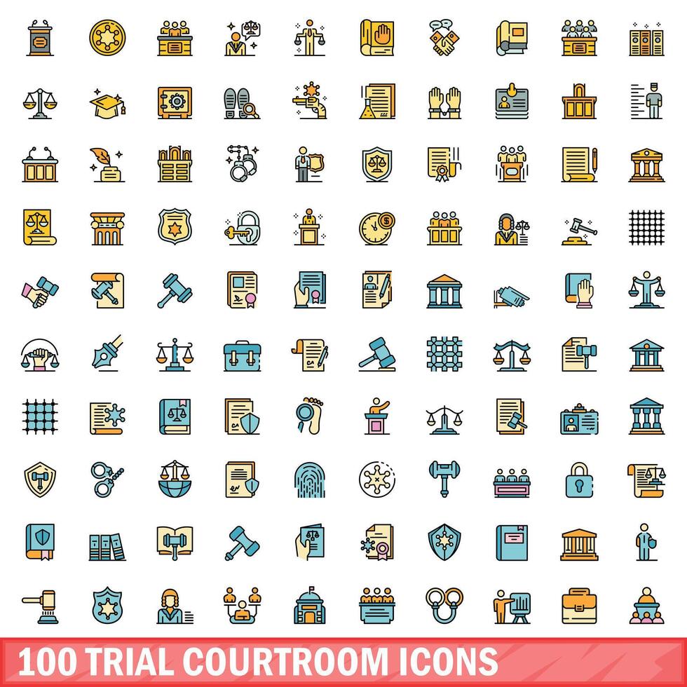 100 rättegång rättssal ikoner uppsättning, Färg linje stil vektor