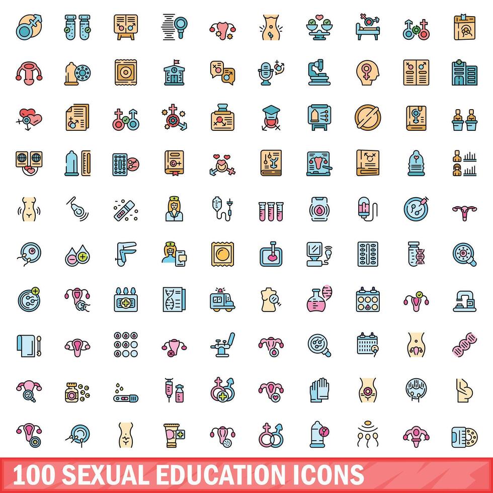 100 Sexual- Bildung Symbole Satz, Farbe Linie Stil vektor