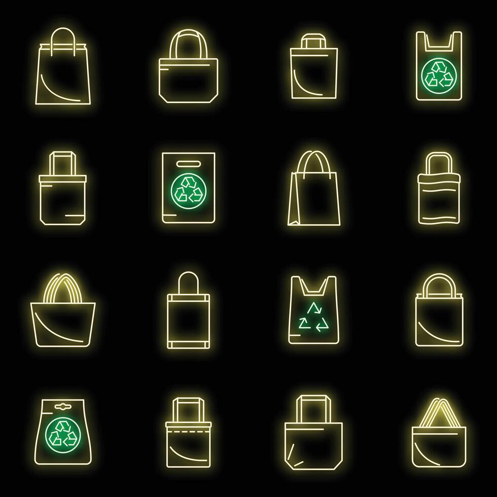 Pflege Öko Tasche Symbole einstellen Vektor Neon-