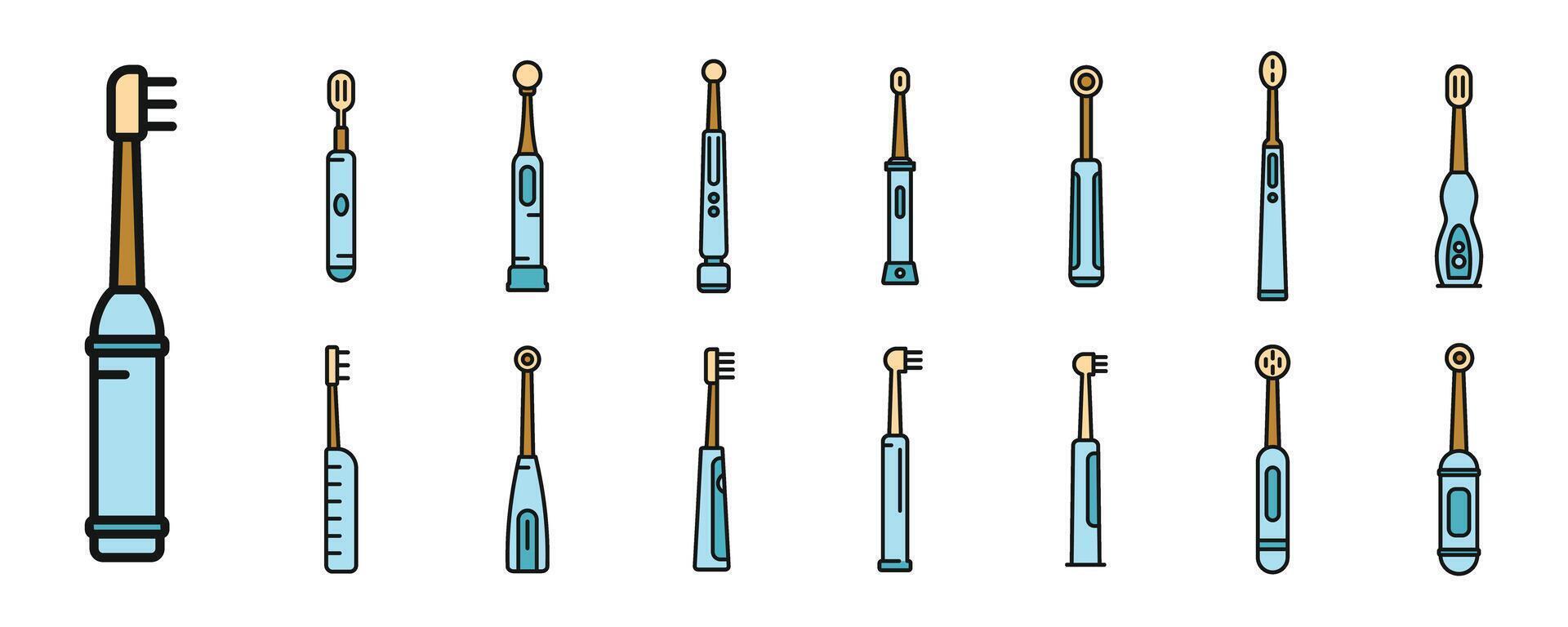 elektrisk tandborste sjukvård ikoner uppsättning vektor Färg linje