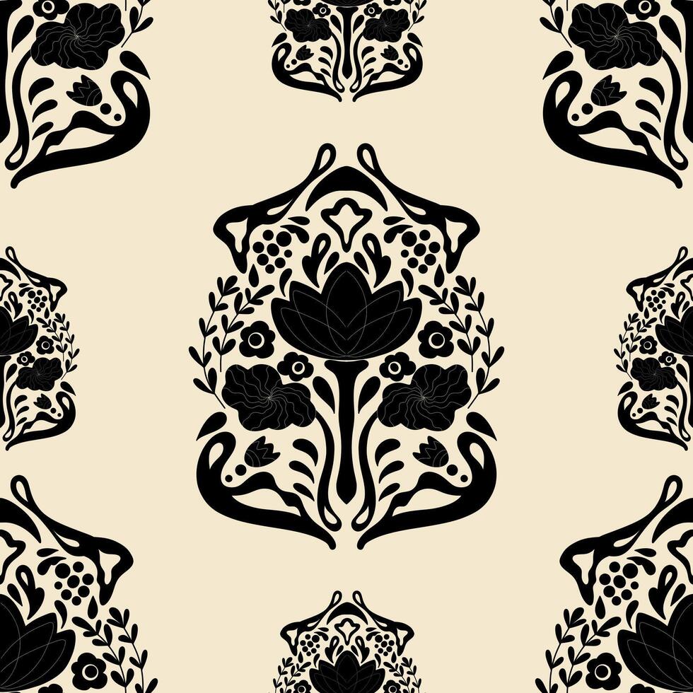 ein schwarz und Weiß Muster mit Blumen und Blätter vektor