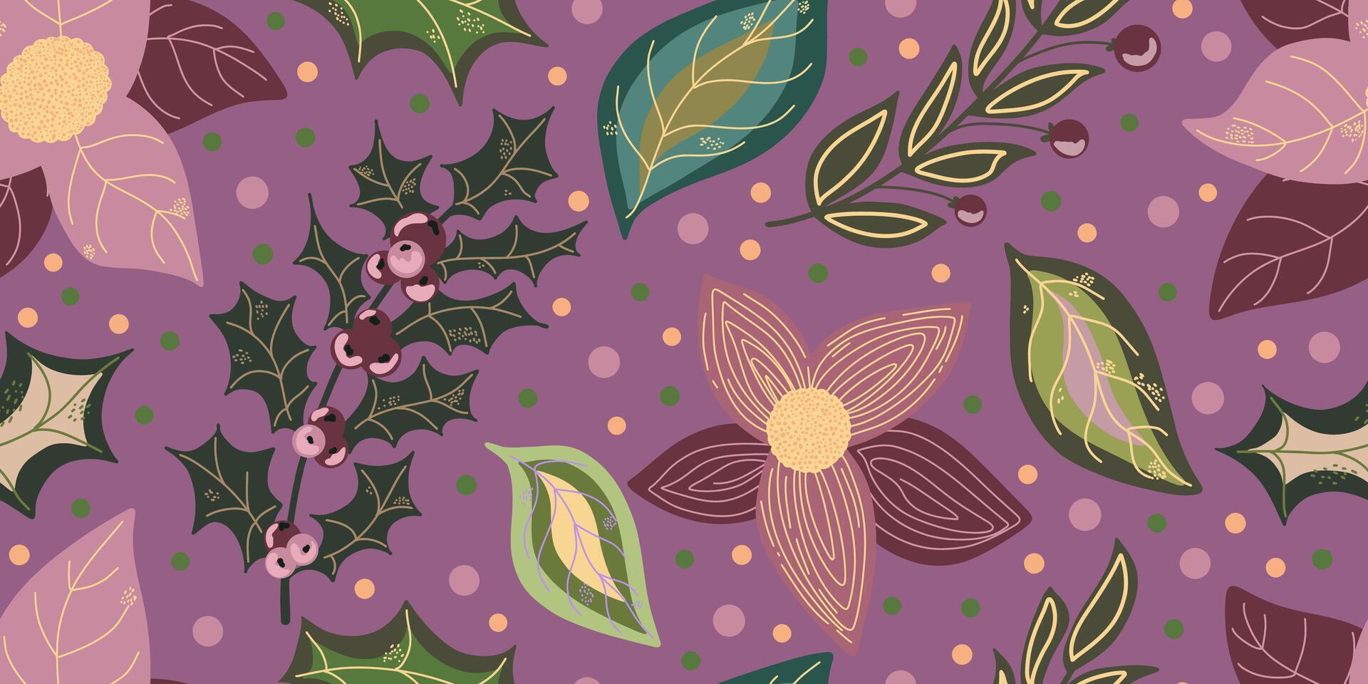 en lila blommig mönster med löv och bär vektor