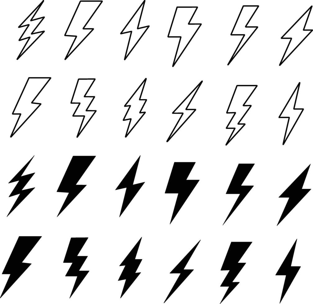 Blitz Blitz Bolzen Symbol Satz. elektrisch Leistung Symbol. Energie Zeichen, Vektor Illustration. aufladen unterzeichnen. Donner Streik Elektrizität linear Symbol. Blitz blinken. mächtig elektrisch erfüllen schlagen.