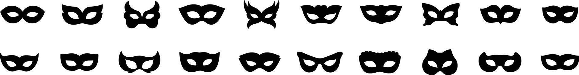 uppsättning av platt karneval masker silhuetter. enkel svart ikoner av maskerad masker, för fest, parad och karneval, för mardi gras och halloween. mask element. ansikte mask vektor