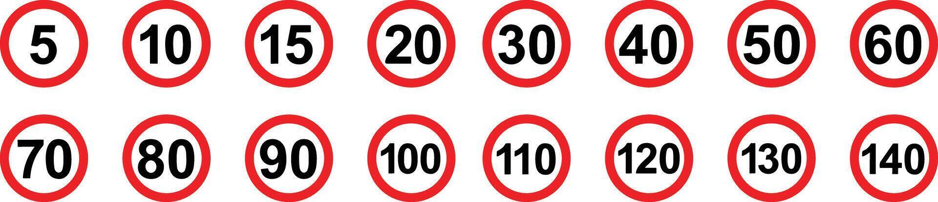 Straße Geschwindigkeit Grenze Zeichen Satz. einstellen von generisch Geschwindigkeit Grenze Zeichen mit schwarz Nummer und rot Kreis. Vektor Illustration