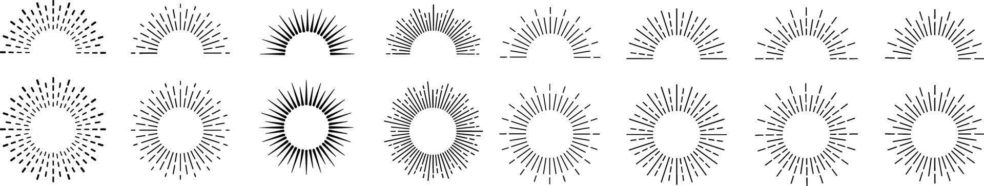 einstellen von Licht Strahlen, Sunburst und Strahlen von Sonne. Design Elemente, linear Zeichnung, Jahrgang Hipster Stil. Licht Strahlen Sunburst Pfeil zum das und Et-Zeichen. Vektor Illustration