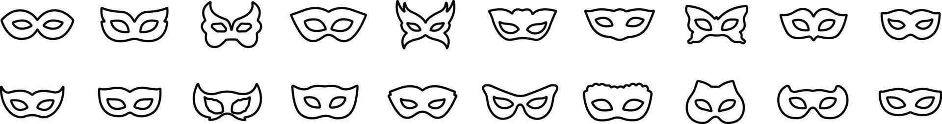 uppsättning av linje karneval masker silhuetter. enkel svart ikoner av maskerad masker, för fest, parad och karneval, för mardi gras och halloween. mask element. ansikte mask vektor