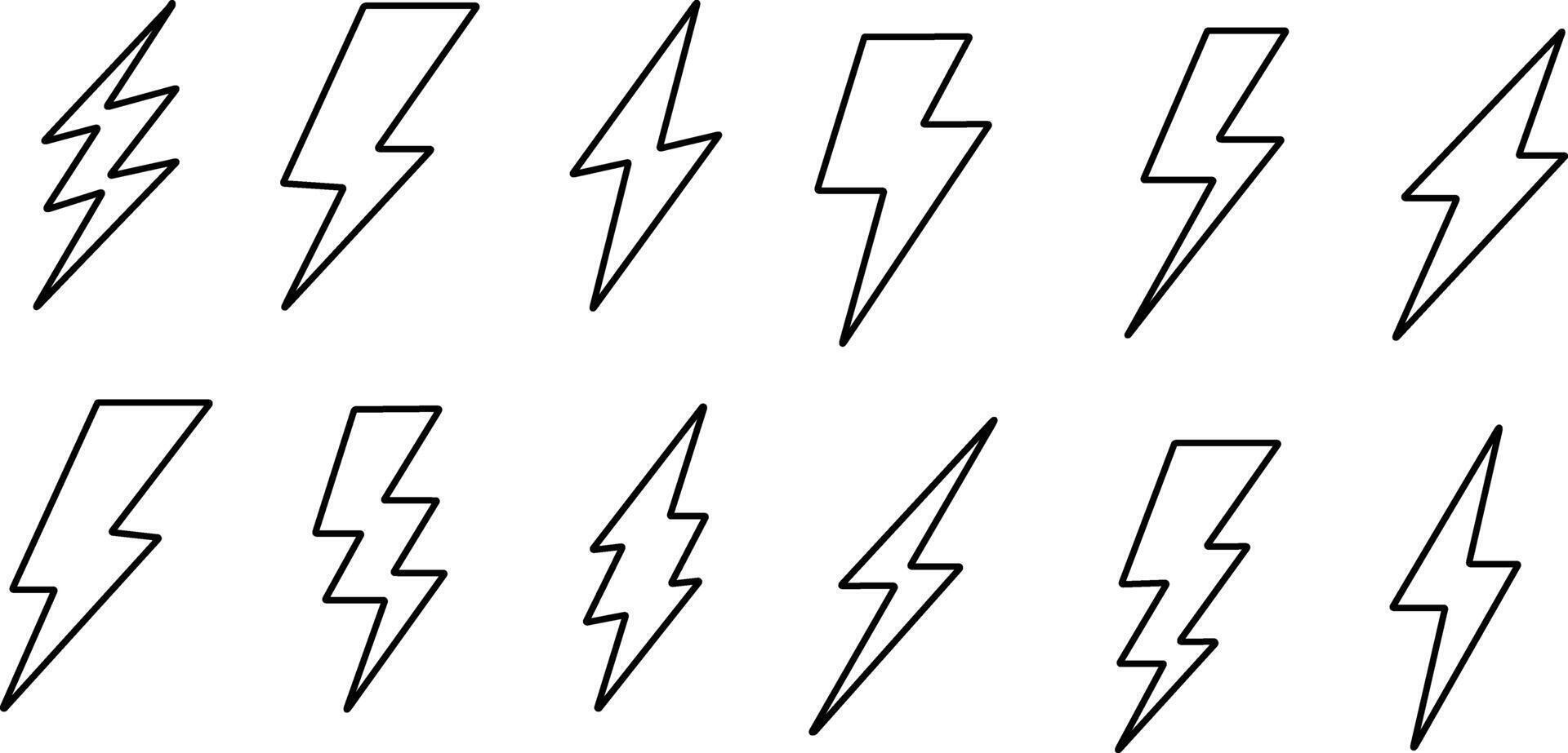Linie Blitz Blitz Bolzen Symbol Satz. elektrisch Leistung Symbol. Energie Zeichen, Vektor Illustration. aufladen unterzeichnen. Donner Streik Elektrizität linear Symbol. Blitz blinken. mächtig elektrisch erfüllen .