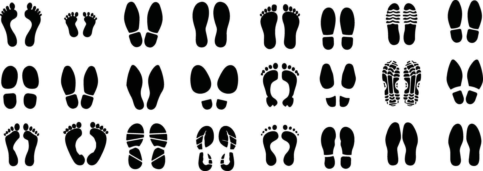 Fußabdrücke Mensch Silhouette Vektor Satz. Schuh Sohle, einzig, alleinig drucken Sammlung. Fuß drucken treten, Stiefel, Turnschuhe. Eindruck Symbol barfuß Schritte weiblich, Mann und Kinder.
