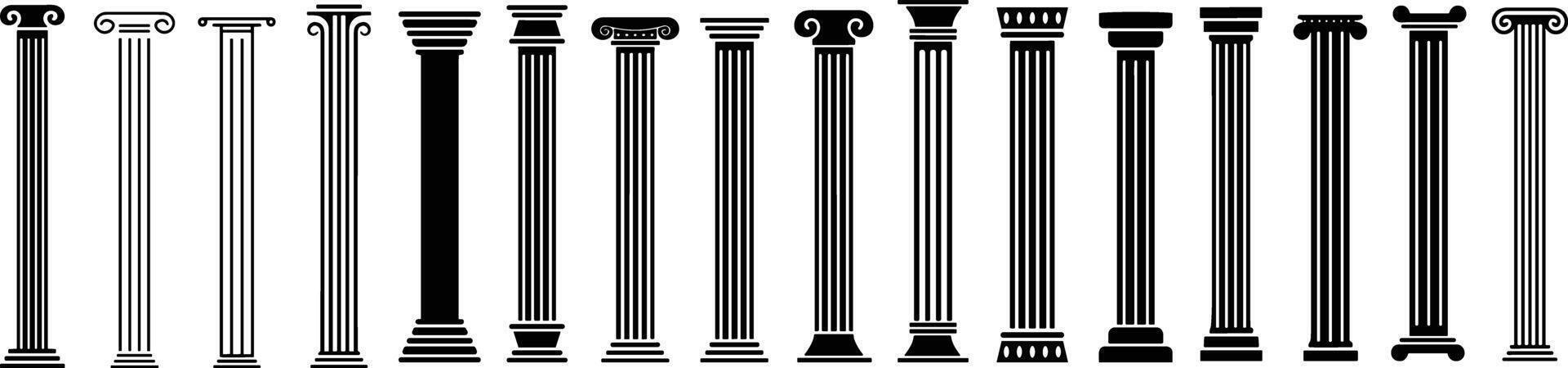 gammal pelare eller kolonner vektor ikoner uppsättning. elegant klassisk roman, grekisk arkitektur linje och silhuett kolumn.