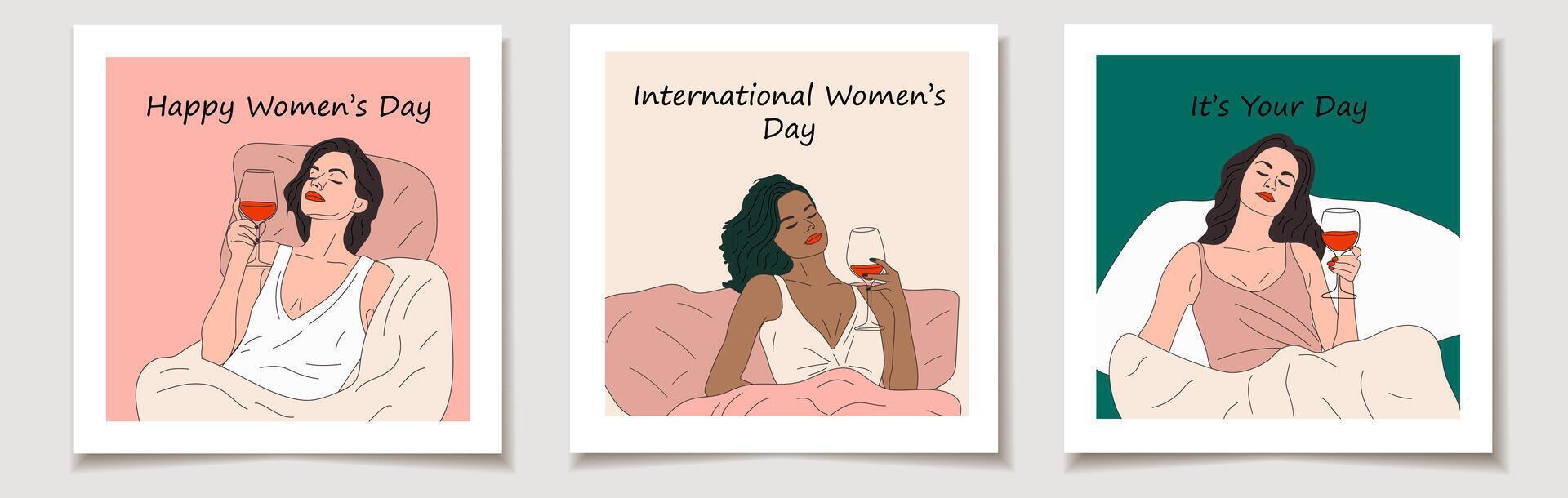 International Damen Tag. ein einstellen von Gruß Karten mit Frauen trinken ein Glas von Wein im Bett vektor