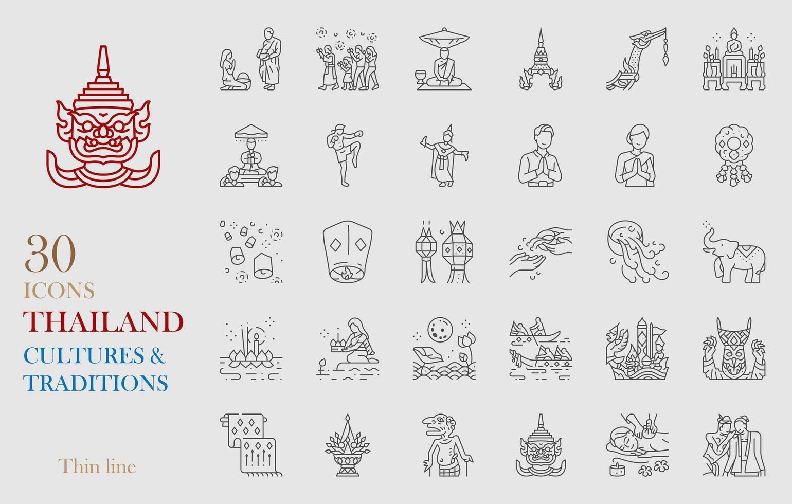 thailändisch Tradition Symbol einstellen Vektor Illustration dünn Linie