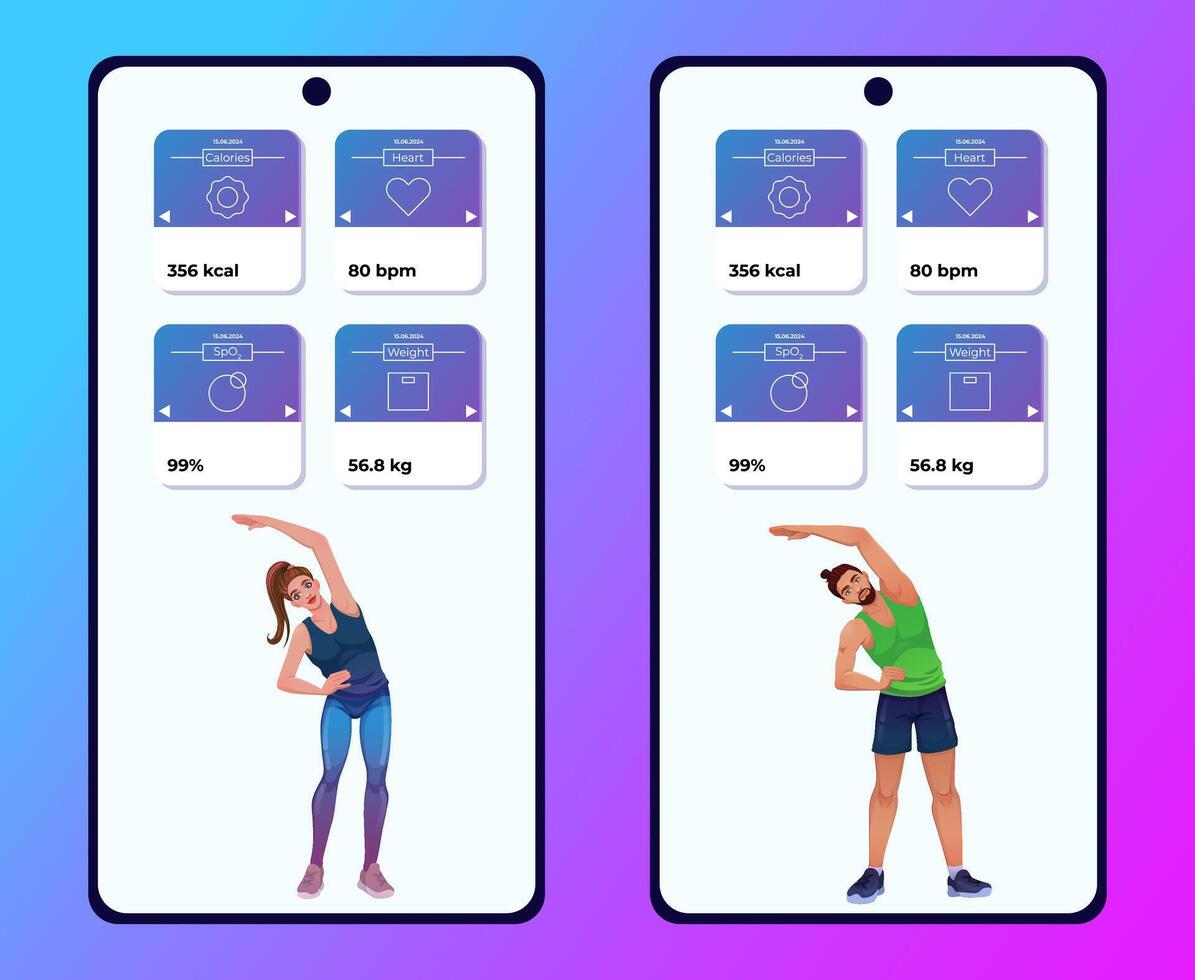 aktivitet kondition app för hälsa begrepp. uppsättning av smartphone skärmar med sportig kvinna och man i tecknad serie stil. webb design och mobil mall. vektor illustration.