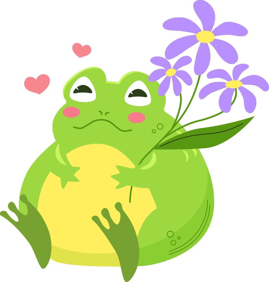 süß Grün Frosch Sitzung mit lila Kamille Blume. kawaii Charakter im Karikatur Stil. Illustration isoliert. vektor