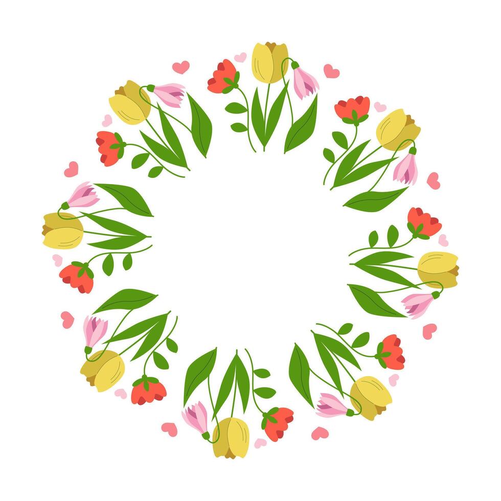 schön Blumen- rahmen, Frühling Blumen Strauß. mehrfarbig Blühen botanisch Element zum Entwürfe. eben Vektor Illustration isoliert auf Weiß Hintergrund.