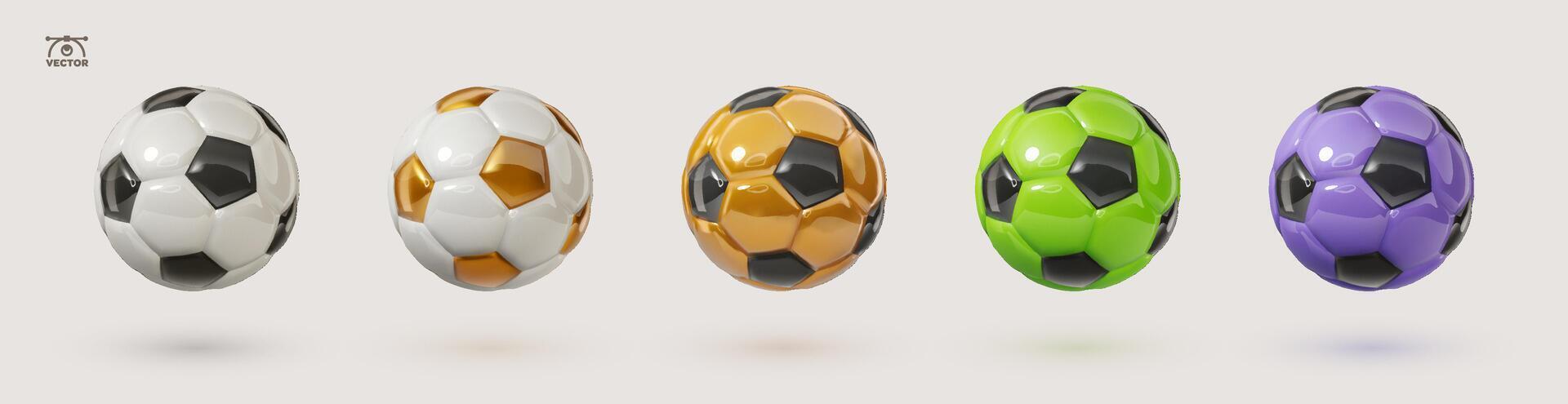 färgrik fotboll bollar samling. vit, gyllene, grön och lila glansig fotboll bollar isolerat design element på vit bakgrund. vektor 3d design element.