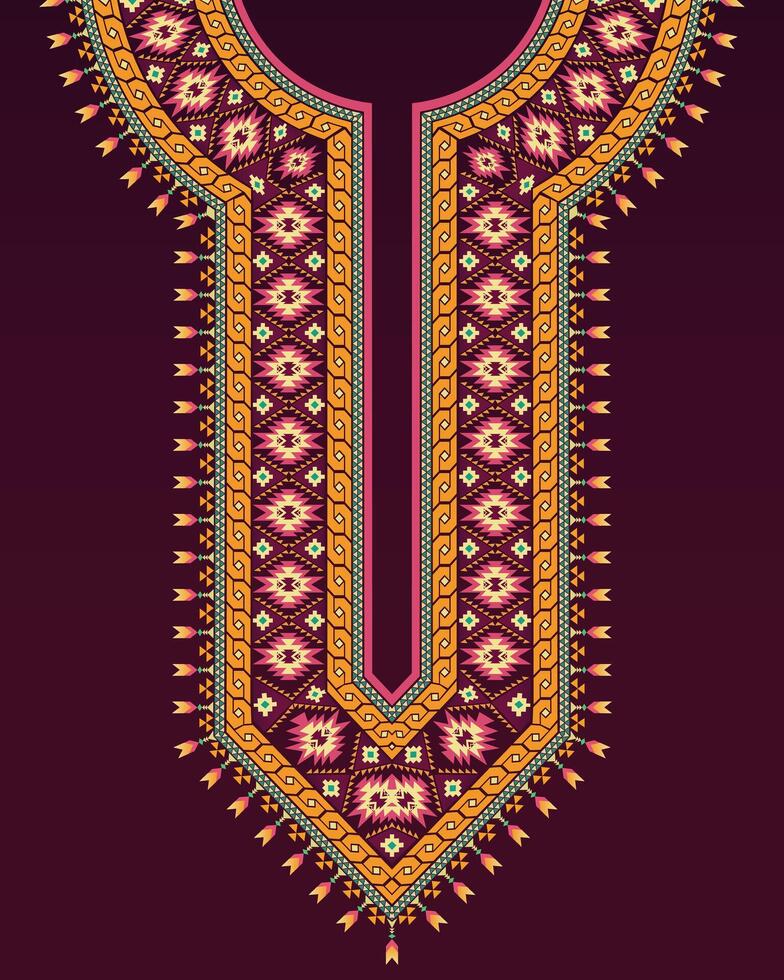 das bunt Ausschnitt Design mit navajo ethnisch Muster auf dunkel lila Hintergrund zum indisch Kurta vektor