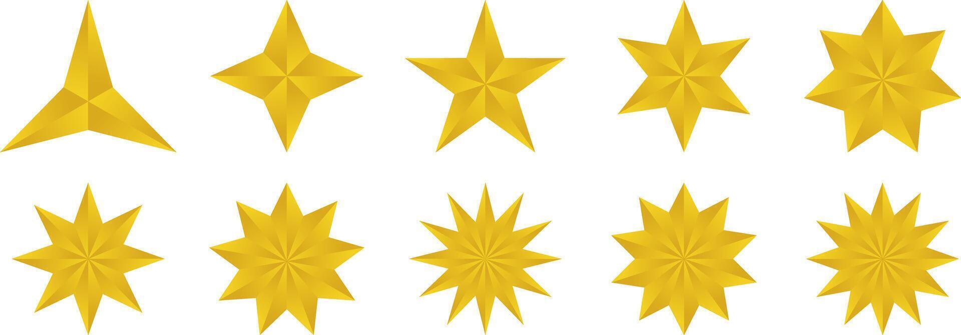 Symbol einstellen von Gold Sterne, Licht Symbole. Luxus Vektor isoliert auf Weiß Hintergrund. Ornament Design zum Gruß Karten, Poster, Netz, Sozial Medien.