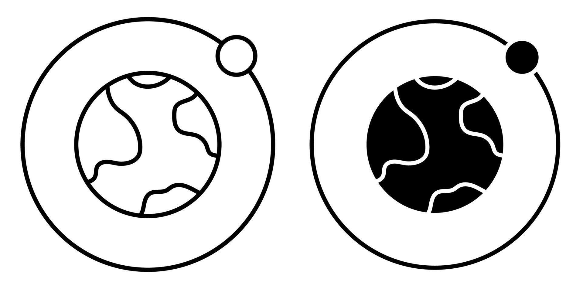 linear Symbol. Mond dreht sich im Orbit um Planet Erde. Satellit von Planet. Astronomie und Astrologie. Raum Erkundung. einfach schwarz und Weiß Vektor