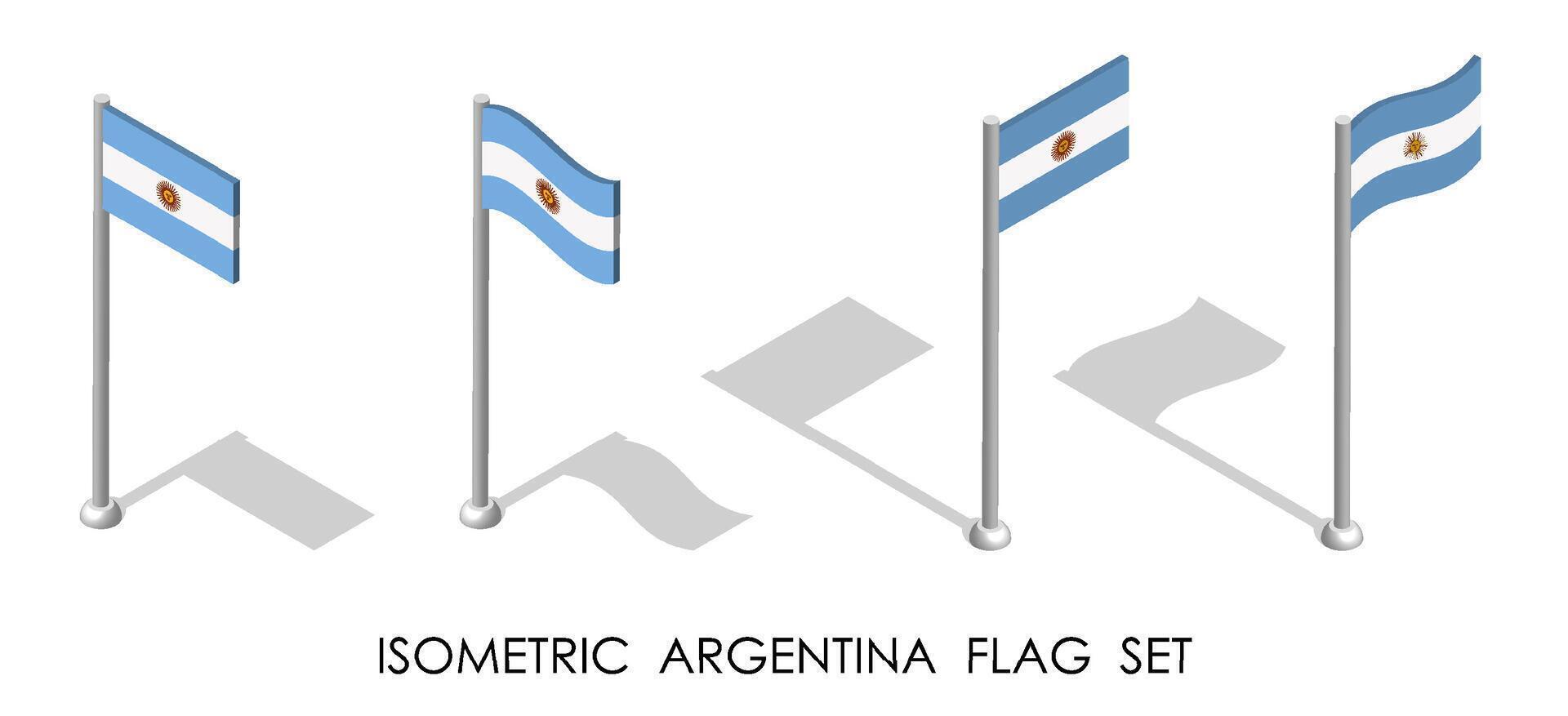 isometrisch Flagge von Argentinien im statisch Position und im Bewegung auf Fahnenstange. 3d Vektor