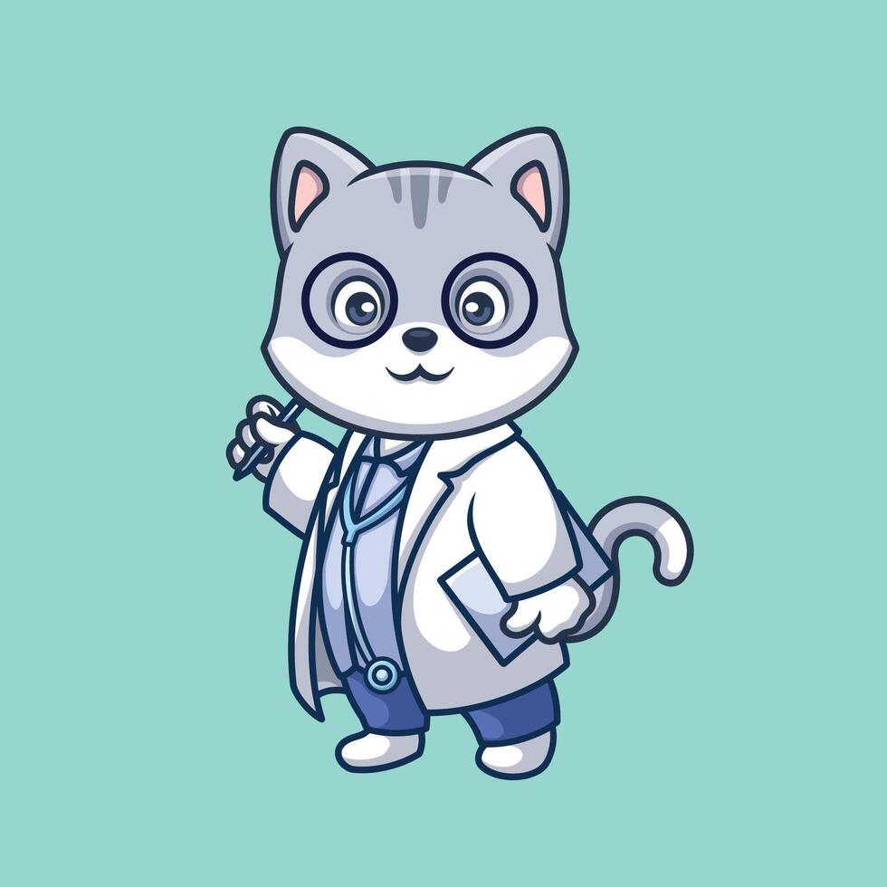 läkare grå katt söt tecknad serie vektor