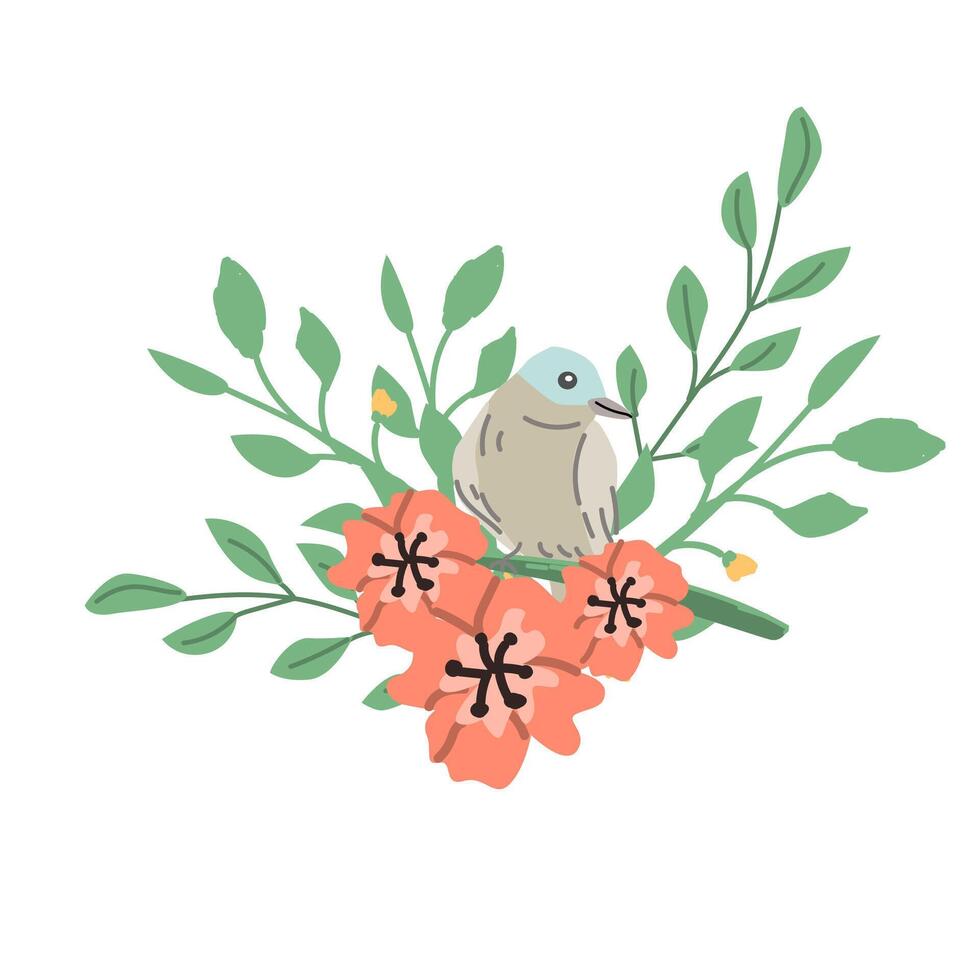 söt fågel med blå huvud i blommor och grenar. vektor illustration isolerat. kan Begagnade för tapet, affisch, skriva ut design för trasa.