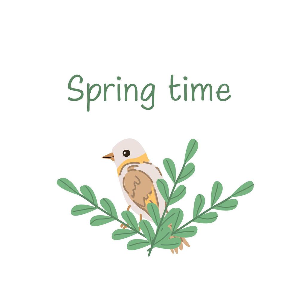 Frühling Zeit Beschriftung und süß Vogel und Ast mit Blätter. Vektor Illustration isoliert. können benutzt zum Hintergrund, Poster, drucken Design zum Tuch.