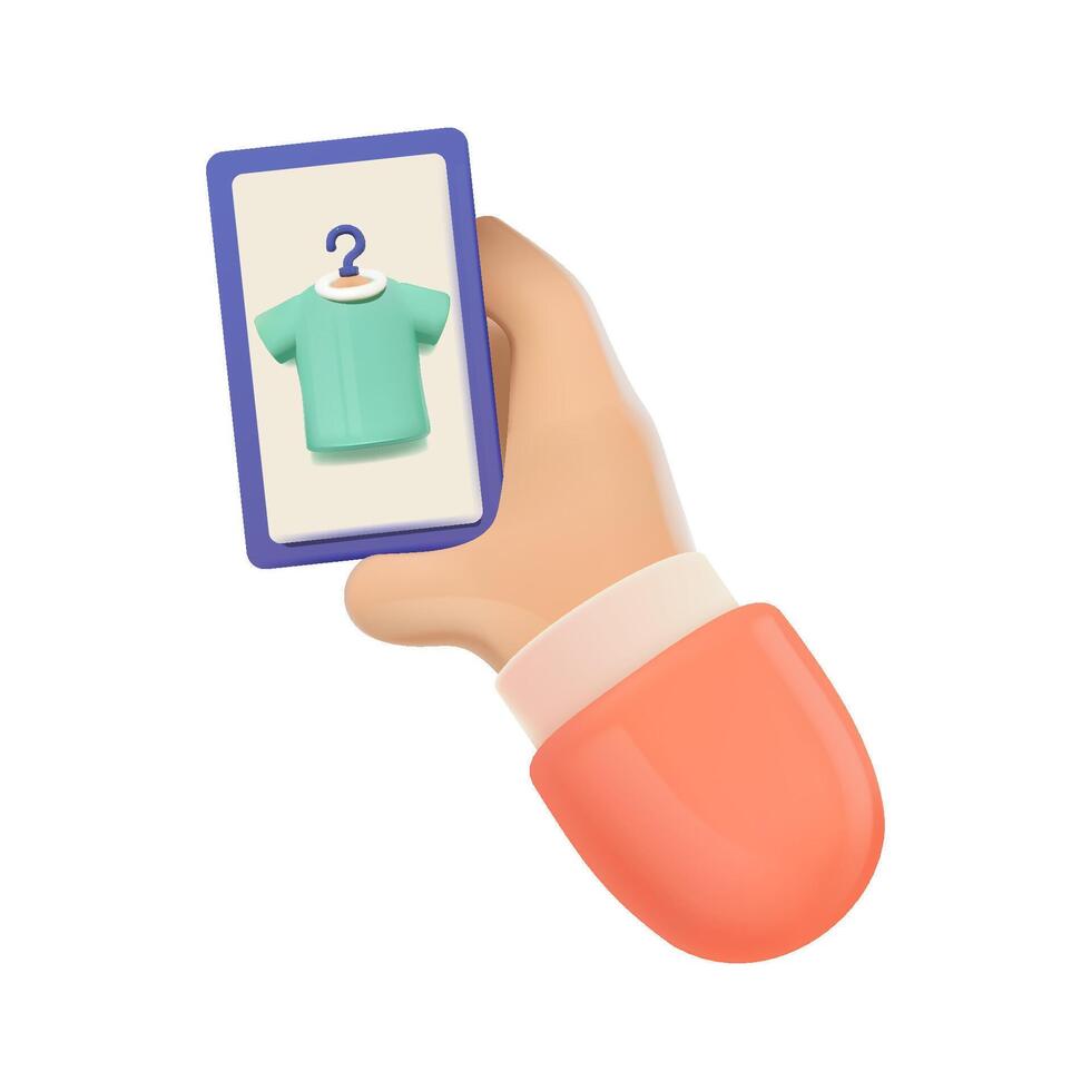 Hand halten ein T-Shirt Symbol auf Smartphone. Arm präsentieren Telefon Anzeigen das Schnittstelle von ein bekleidung Einkaufen App. 3d Vektor Symbol von Kleidung Wiederverkauf und nachhaltig Mode.