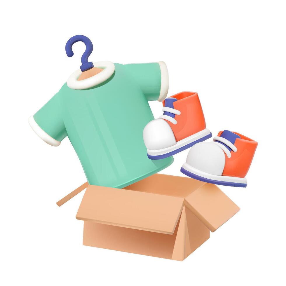 T-Shirt und Turnschuhe schwebend aus von ein Kasten. Neu bekleidung und Schuhe Auspacken. online kaufen, Verkauf, Lieferung von Kleidungsstück. 3d Vektor Symbol isoliert.