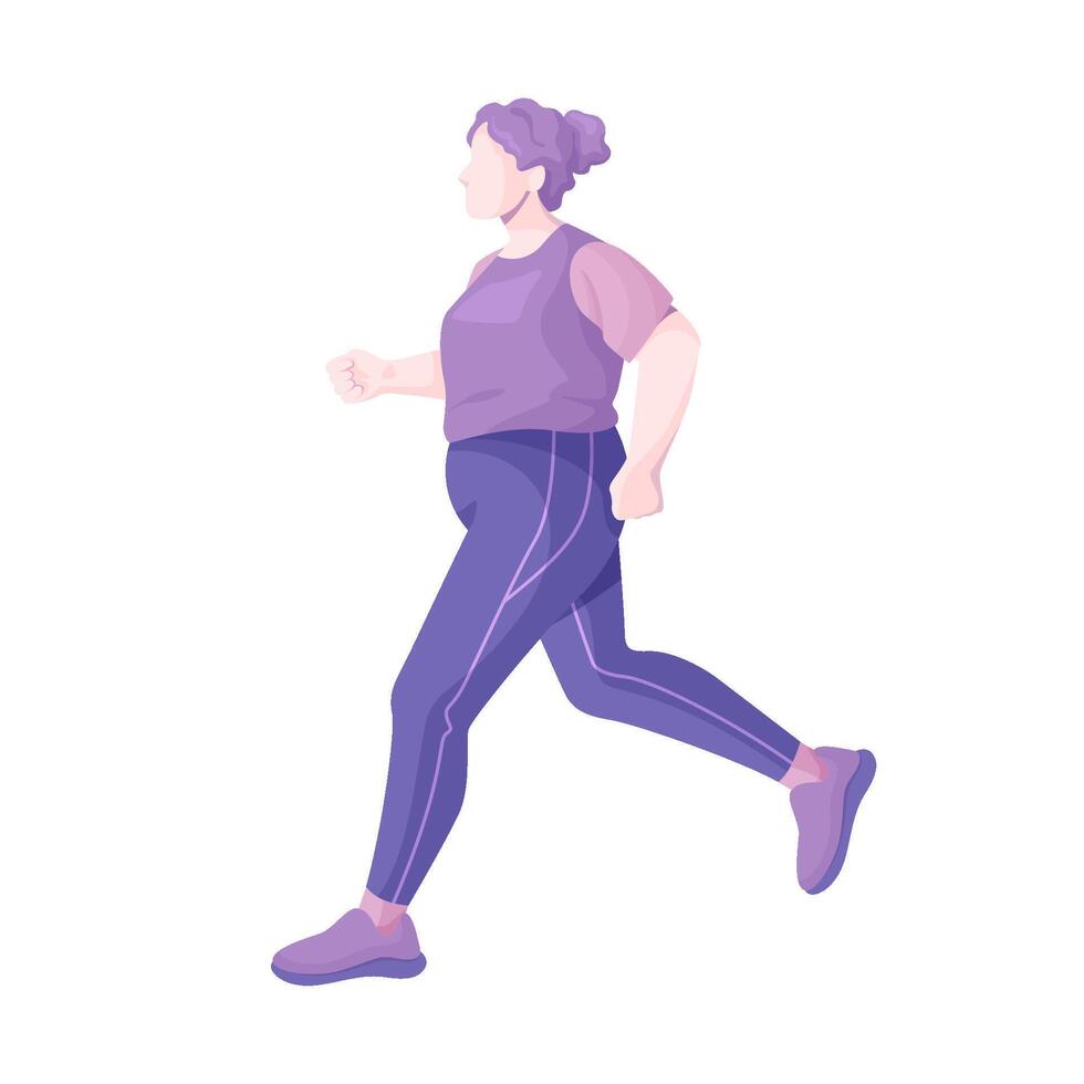 kurvig kvinna i en träningsoverall är joggning. äldre lady håller på med en löpning träna för hälsa. vektor illustration av plus storlek konditionsträning idrottare på Träning. se sida.