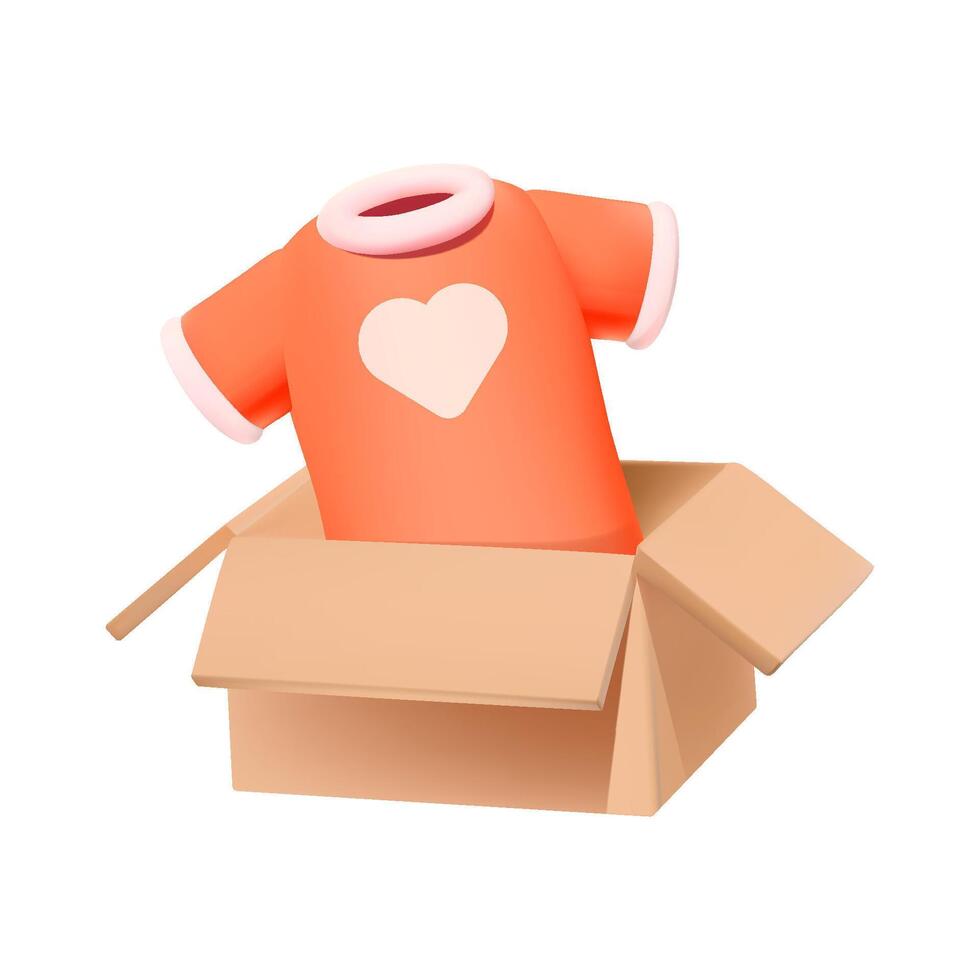 t-shirt terar hjärta design, framväxande från öppen kartong låda. 3d vektor ikon representerar begrepp sådan som gåvor, ny inköp, leverans av uppkopplad beställa eller välgörenhet inom de kläder sammanhang.