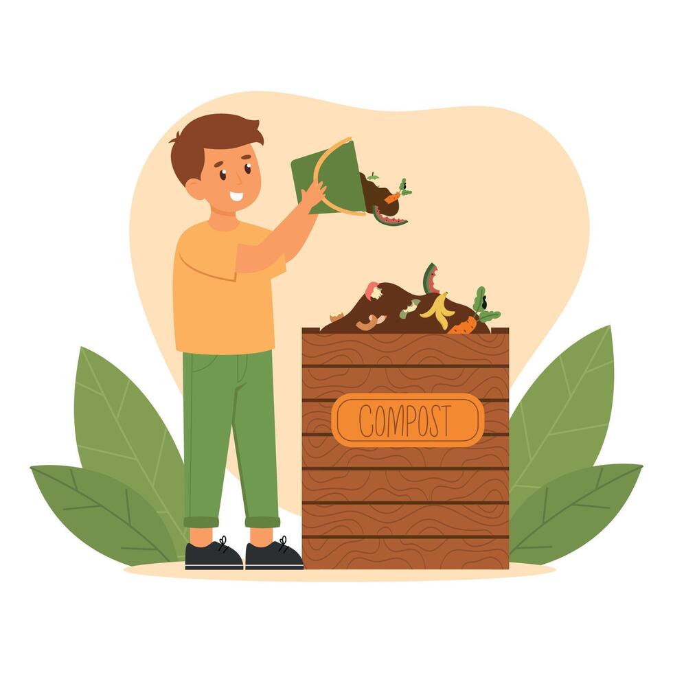 Kind machen Kompost, werfen Essen Reste zu Kompost Behälter. Kind Sortierung organisch Müll. Vektor Abbildungen im eben Stil
