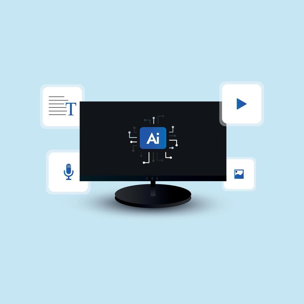 ai innehåll generation begrepp. artificiell intelligens och dess kreativitet begrepp. ai generativ verktyg begrepp med ikoner av chatbots, bild skapande, musik produktion, video framställning runt om en dator vektor