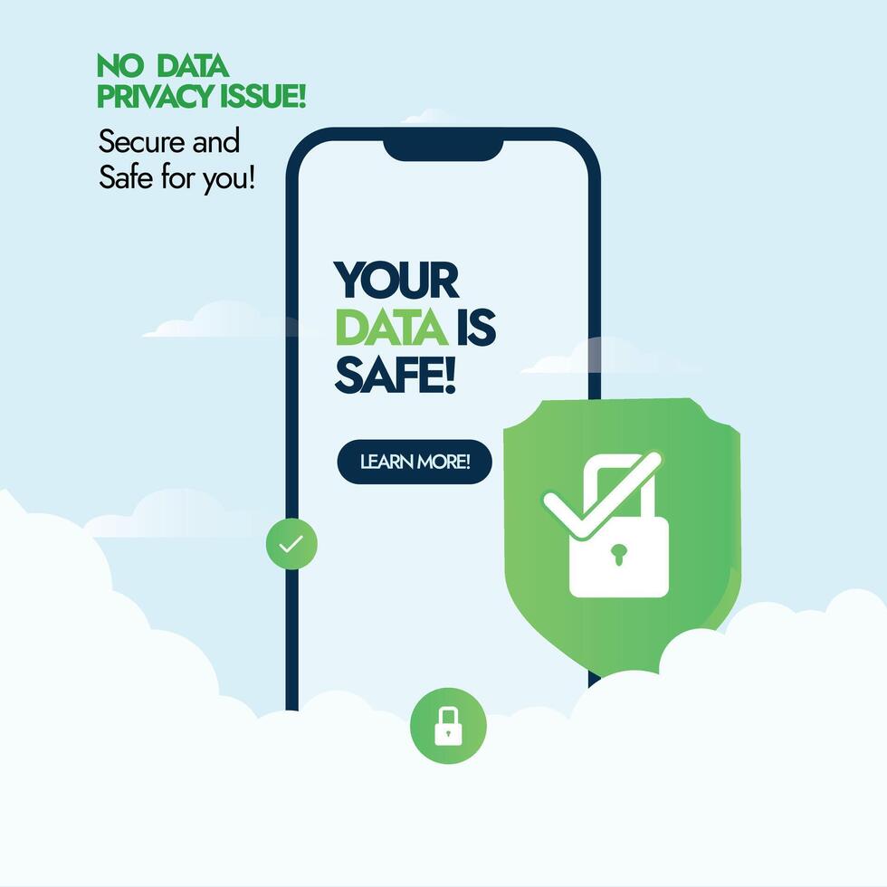 Daten Sicherheit und Schutz Konzept. Daten Sicherheit, Cyber Sicherheit Konzept Banner mit sperren Symbol auf Handy, Mobiltelefon Bildschirm. Nein Daten Privatsphäre Ausgabe. Ihre Daten ist sicher lernen mehr, Banner und Post. vektor