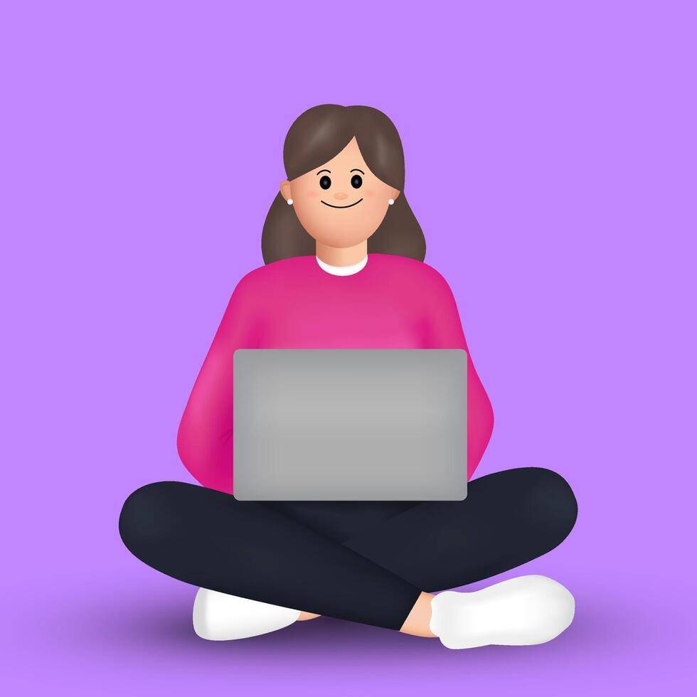 süß Mädchen Sitzung mit ein Laptop im das Lotus Position 3 d Illustration vektor