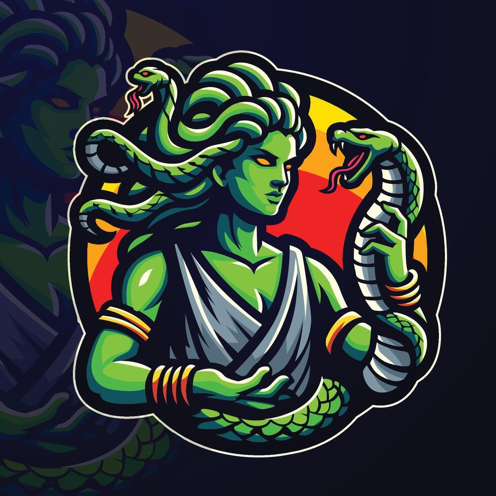 maskot illustration av en kvinna gudinna med en orm i henne hand. skönhet av de mytologisk gudinna medusa med orm hår och innehav en kobra vektor