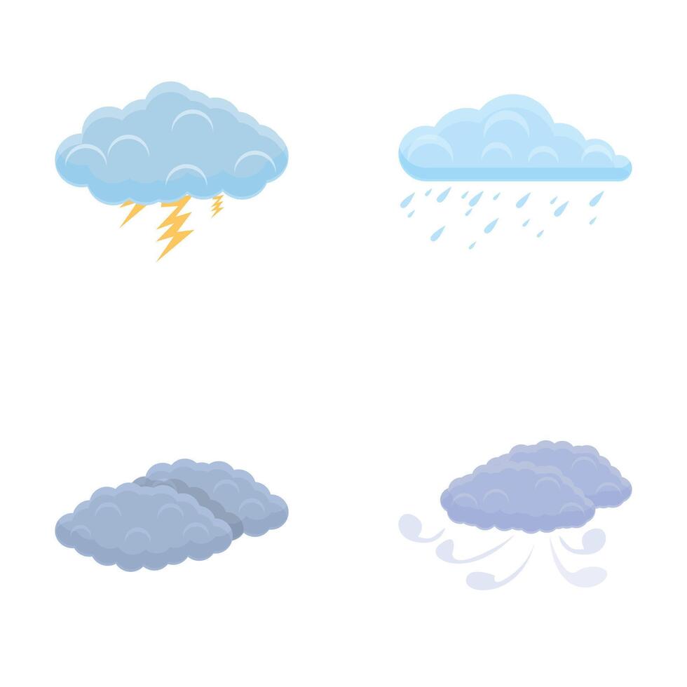 väder ikoner uppsättning tecknad serie vektor. olika moln med regn åskväder och vind vektor