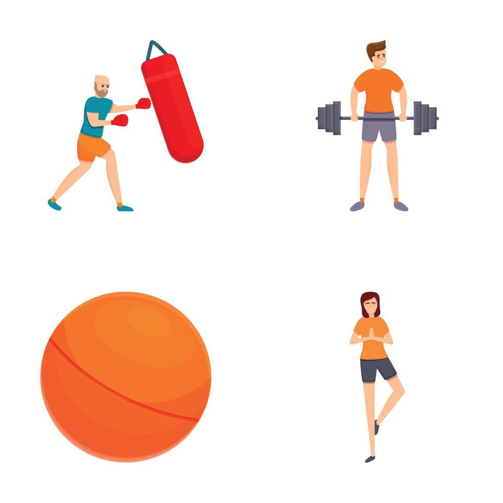 träna ikoner uppsättning tecknad serie vektor. människor håller på med sport eller fysisk övning vektor