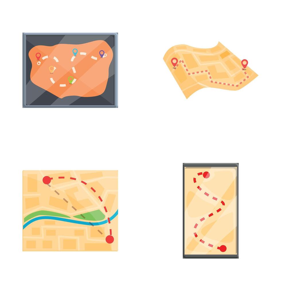 mobil navigering ikoner uppsättning tecknad serie vektor. gps navigering Karta på telefon skärm vektor