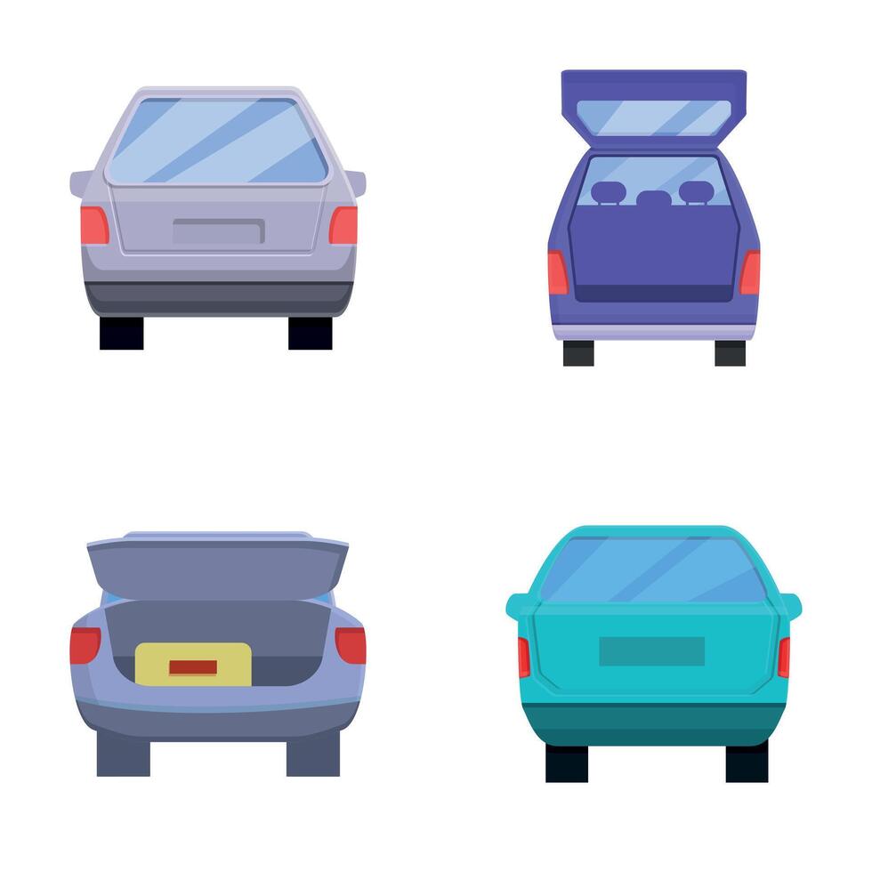 minibuss trunk ikoner uppsättning tecknad serie vektor. olika bil med öppen trunk vektor
