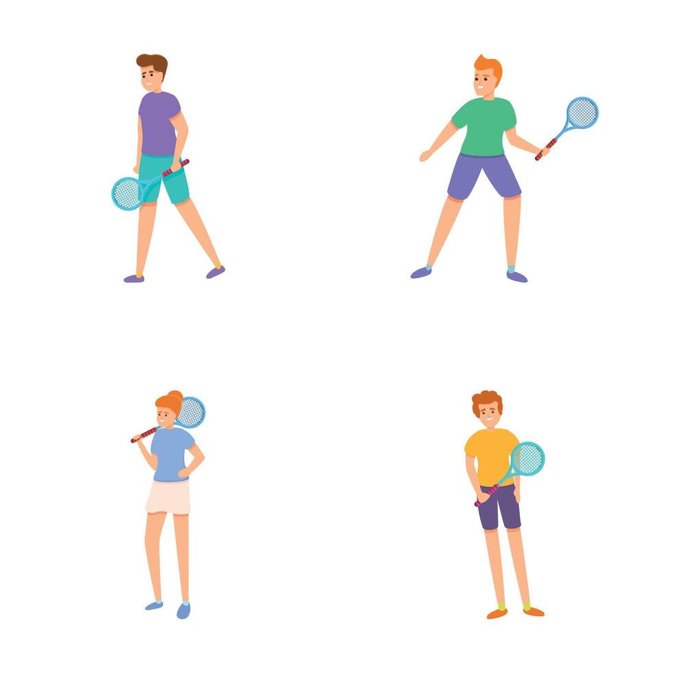 Tennis Spieler Symbole einstellen Karikatur Vektor. Mann und Frau engagieren im Tennis vektor