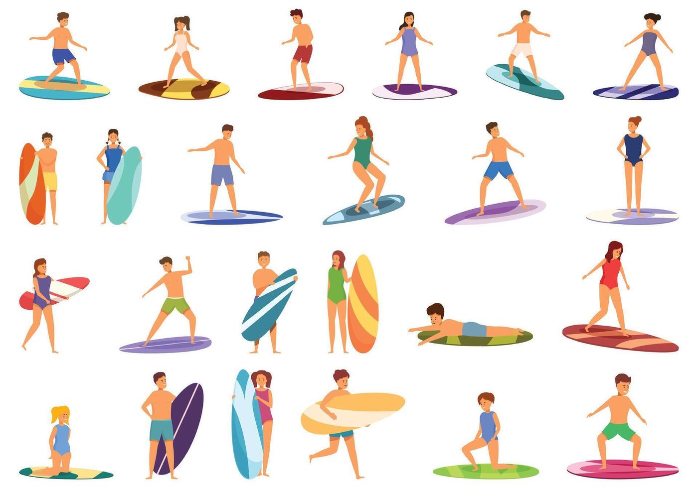 Kinder Surfen Symbole einstellen Karikatur Vektor. Welle Surfer Kind vektor